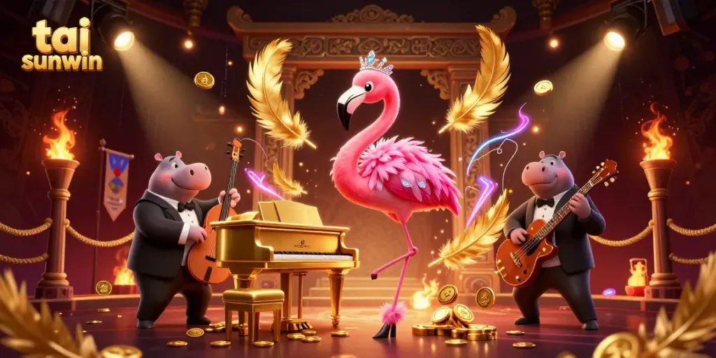Engage in lively fun at tai sunwin with vibrant characters and casino elements in a colorful 3D scene.