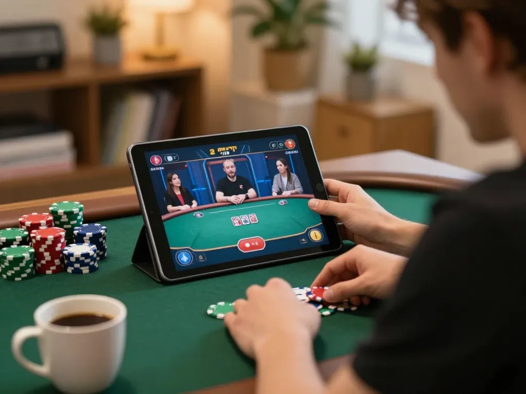 Engaged player strategizing at 11win poker game, vibrant chips adding color to home gaming scene.