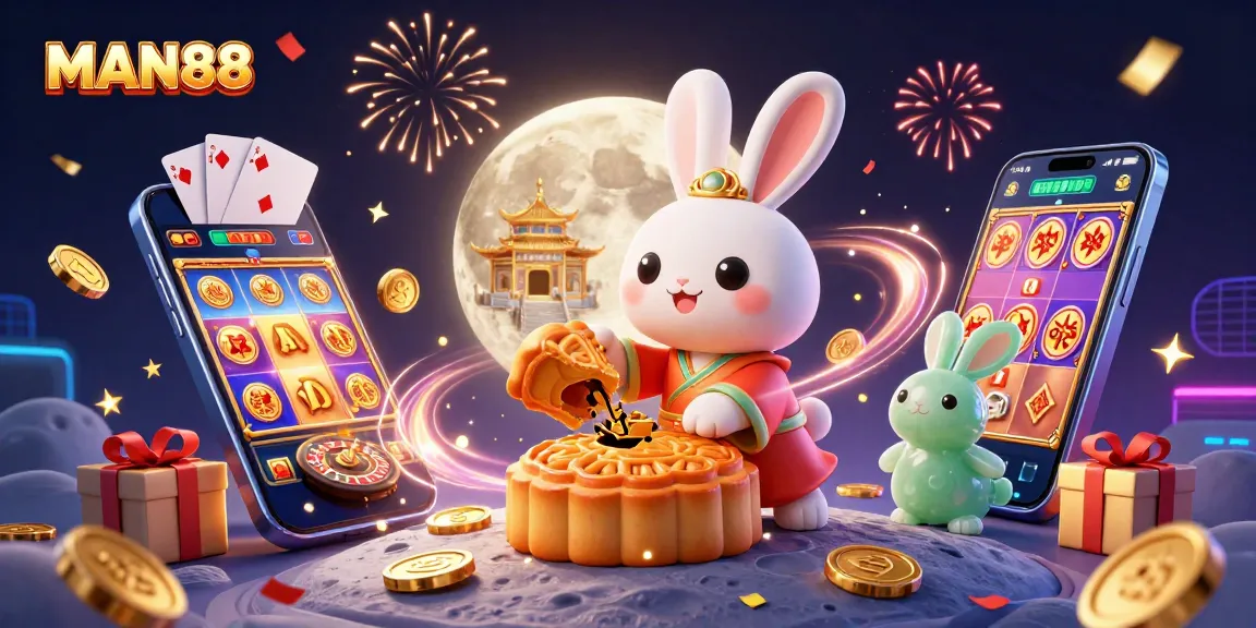 Experience MAN88's thrilling casino games with vibrant illustrations of a moon rabbit and festive elements.