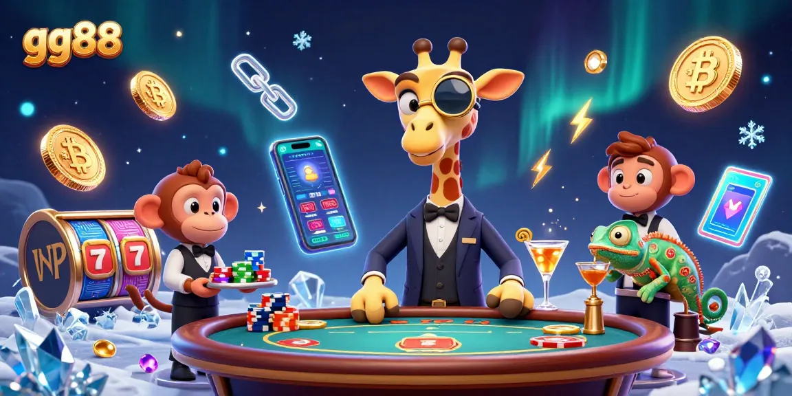 Engage with GG88’s thrilling slots as a high-roller giraffe and companions soar in a vibrant casino scene.