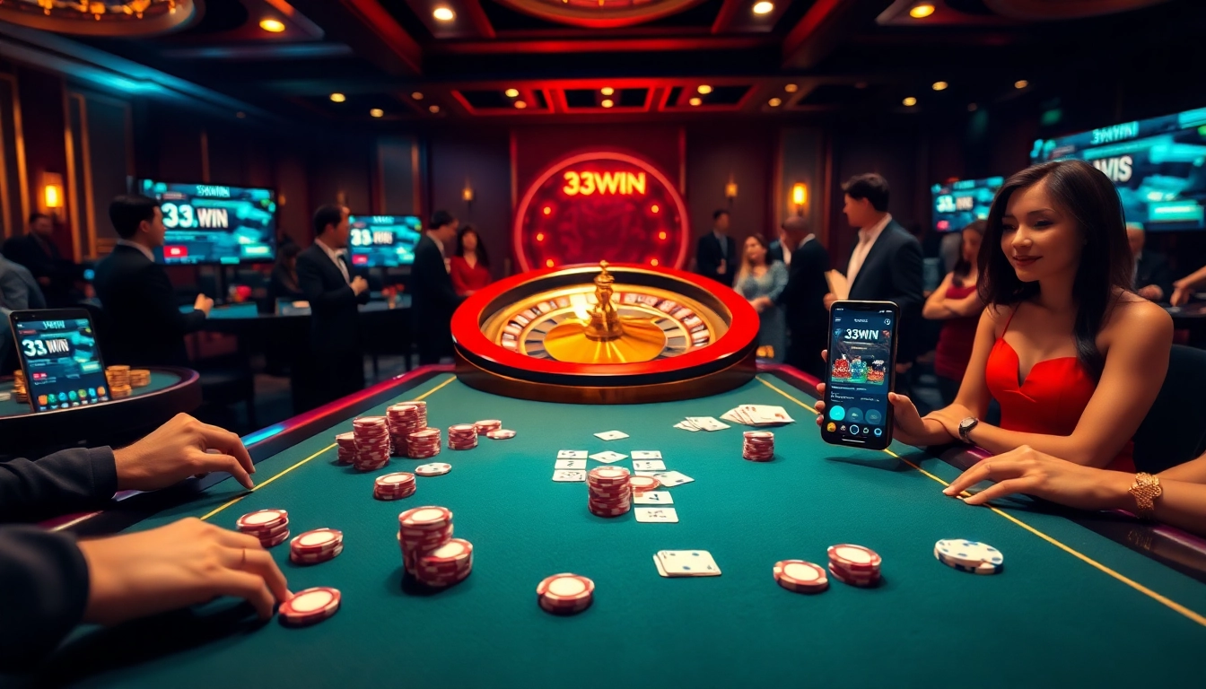 33WIN gaming action at a stylish poker table in a luxurious casino experience.