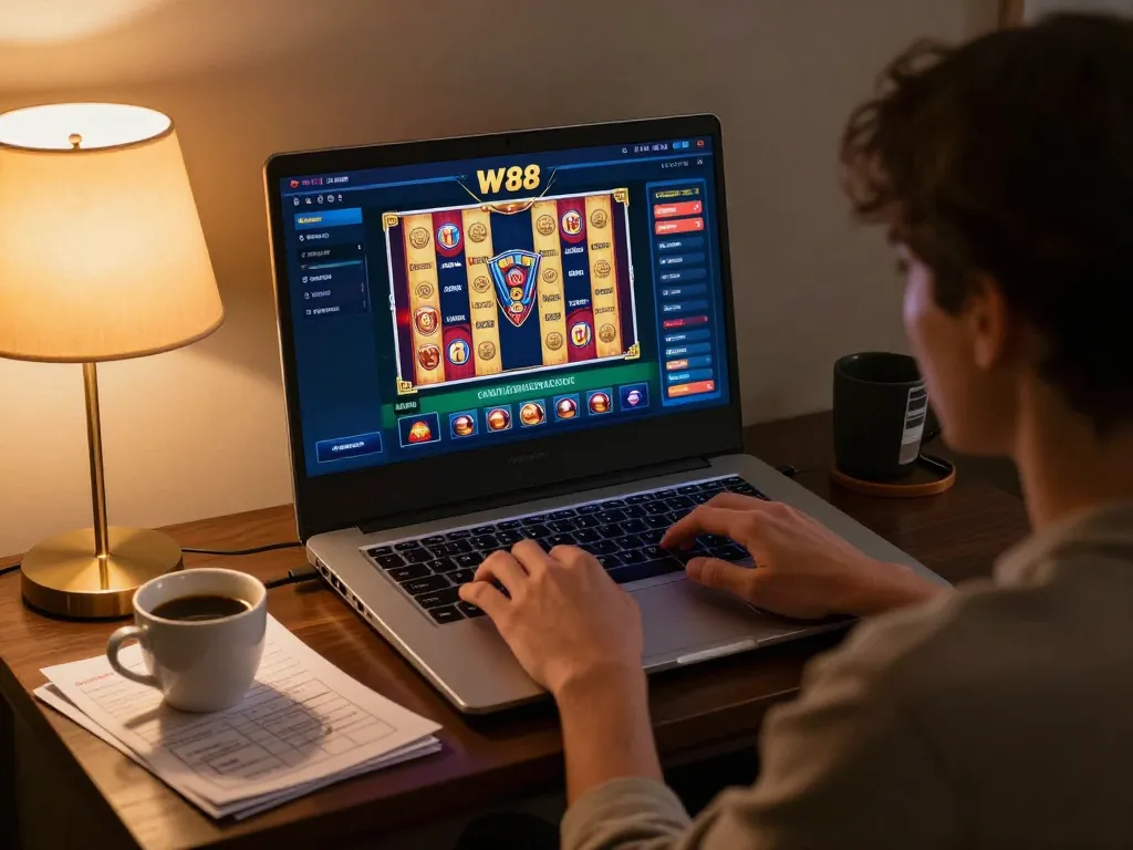 Playing W 88 online poker on a cozy home setup with strategy notes and ambient lighting