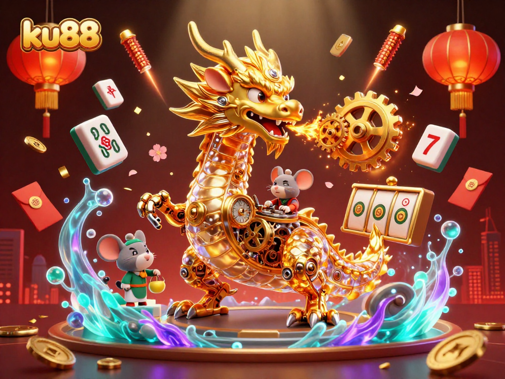 ku88 showcases vibrant 3D illustration with a golden dragon and dynamic casino elements.