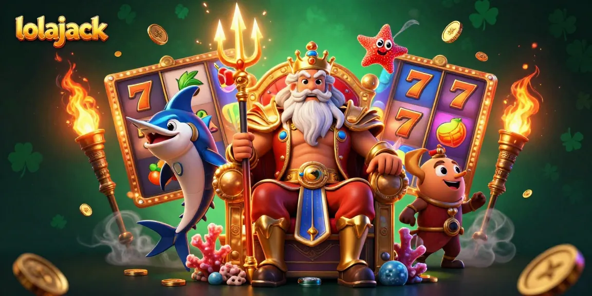 Win big with lolajack in this vibrant, action-packed 3D casino scene featuring Neptune and slots.