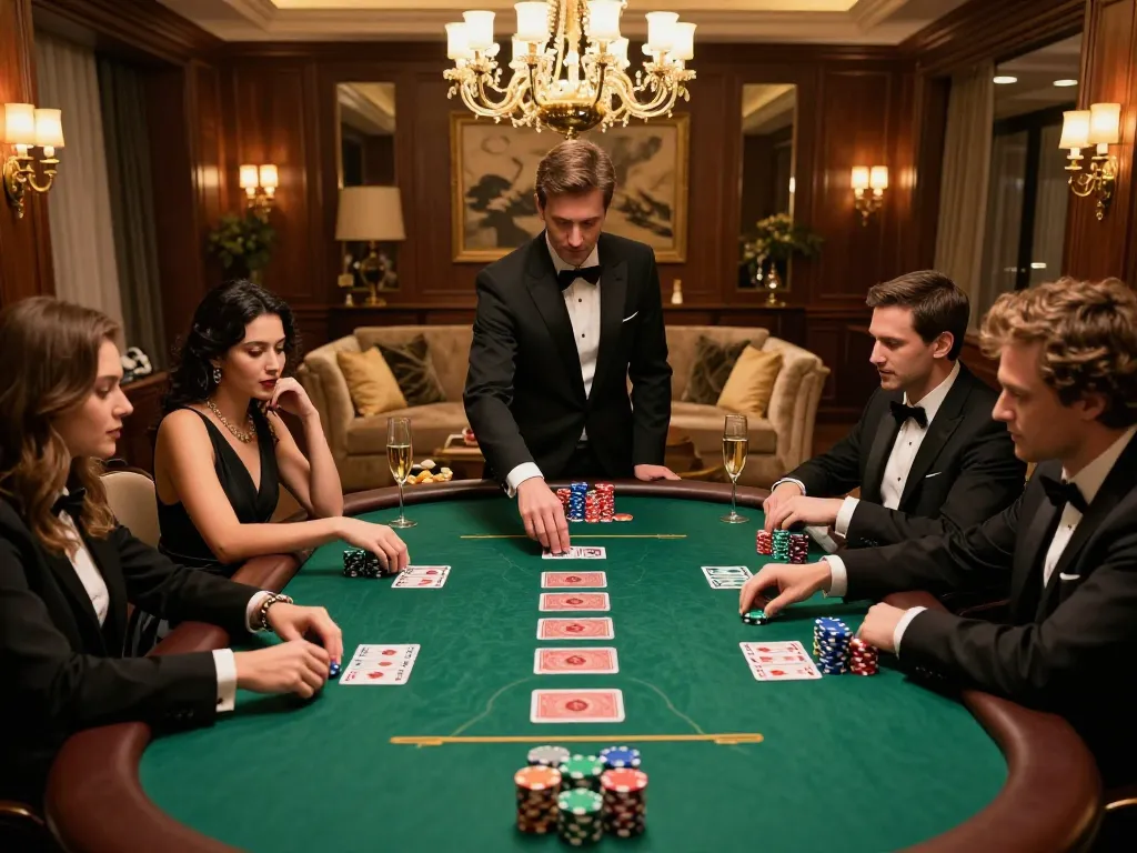 Players engaging in a thrilling U888 vip poker game at an elegant table filled with chips and cards.