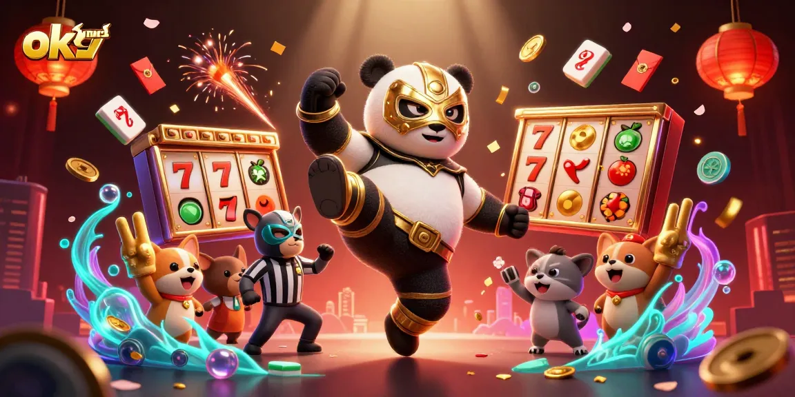 Engage with thrilling slot games at ok9news as the panda wrestler takes flight amidst festive casino symbols.