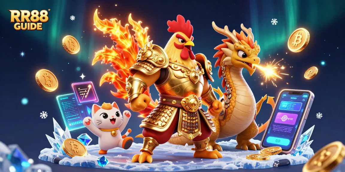 Engage in thrilling action with RR88 GUIDE featuring a rooster warrior and dragon in a vibrant casino scene.