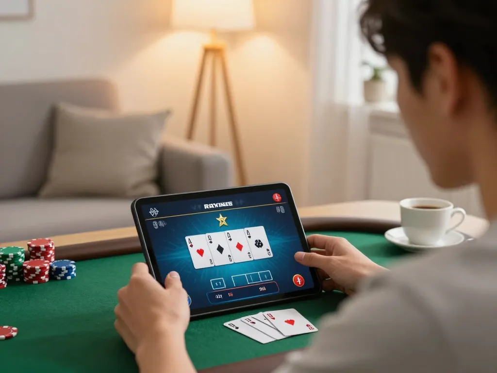 Engaging online poker session at home with Uk 88 on tablet, showcasing strategic gameplay in a cozy setting.