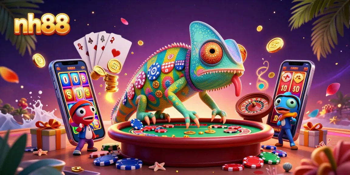 Experience thrilling casino fun at nh88 with a colorful 3D chameleon snapping up coins!