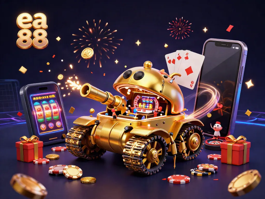 Join the excitement at ea 88 with a vibrant casino scene featuring a golden beetle tank and slots!